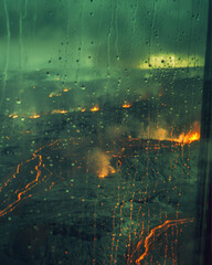 view from a tower block window, dust on window, rain drops on window, night time, green gasses, orange glow
