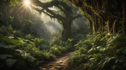 Sunlight pierces through dense canopy of lush, green forest, casting beams of light that illuminate narrow, winding path. Path surrounded by array of vibrant green plants, trees. - obrazy, fototapety, plakaty
