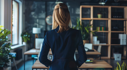 Back photo of of businesswoman in suits taken from behind on a blurred office background. Concept of business, finance, professional, profession, occupation, employee, boss, employer