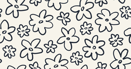 Simple hand drawn doodle flower seamless pattern with line art style.