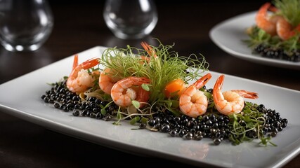 Gourmet dish, presented with elegance on white rectangular plate, captures essence of fine dining. Plate adorned with succulent shrimp that boast vibrant orange hue, indicating their freshness.
