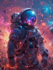 Astronaut in space in amazing cosmic colors of light