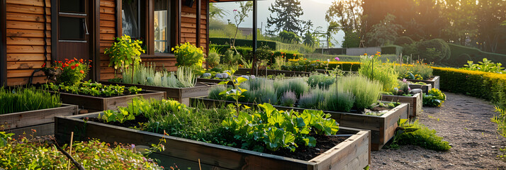 Wooden raided beds in modern garden growing plants herbs spices vegetables and flowers near a wooden house in the countryside - obrazy, fototapety, plakaty