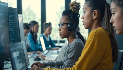 Students collaborate on a computer science project in a college lab, working together to write code and achieve success as a diverse, multiethnic team of scholars