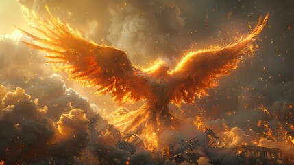 A cybernetic phoenix rising from the ashes, its metallic feathers shimmering in the sunlight as it takes flight against a backdrop of smoldering ruins - obrazy, fototapety, plakaty