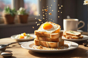 Plate with stack of tasty crispy toast bread sandwiches, fried egg and coffee for morning breakfast or brunch