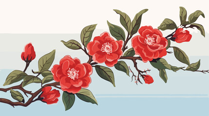 Red camellia japanese semidouble form flower and l