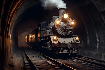 Old steam locomotive at night in tunnel - obrazy, fototapety, plakaty