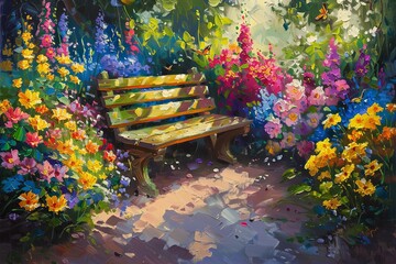 Serene garden bench amidst vibrant floral bloom, captured in painterly strokes.