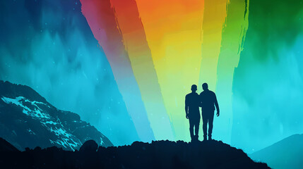 two gay men appreciating the radiant beams of an LGBT flag in the background, it symbolizes unity, acceptance, and pride in their identity. - obrazy, fototapety, plakaty