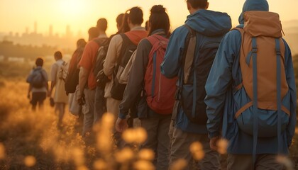 Friends trekking with backpacks into the sunset. Embodying the essence of adventure, travel, exploration, camaraderie, and the beauty of shared experiences.