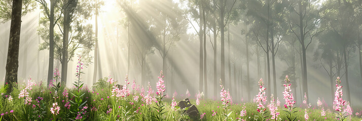 Misty Morning in a Forest, Sun Rays Peeking Through Trees, Fresh Green Foliage All Around