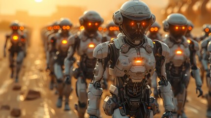 A group of cybernetic soldiers marching in perfect formation through a desolate, post-apocalyptic wasteland, their glowing eyes scanning the horizon for any signs of danger - obrazy, fototapety, plakaty