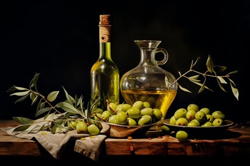 Olive oil in a bottle and olives on a dark background