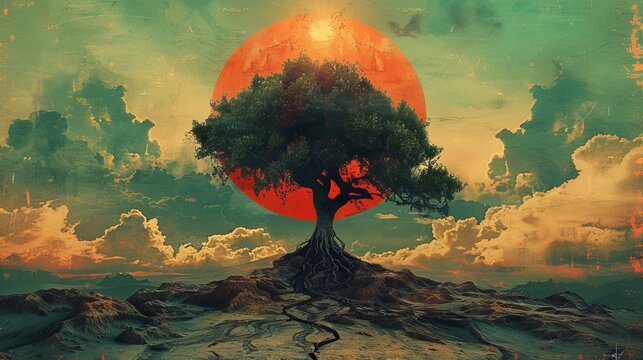 Lone Tree Against Giant Sun Illustration