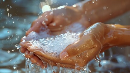 Close-up of hands being washed with soap and water