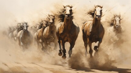 Dust kicks up behind a pack of Thoroughbreds as they gallop neck and neck down the home stretch, each horse striving for the lead.