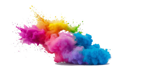Colorful smoke rainbow painted holi fog festival background. Colorful rainbow paint color smoke cloud explosion isolated on transparent background