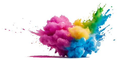 Colorful smoke rainbow painted holi fog festival background. Colorful rainbow paint color smoke cloud explosion isolated on transparent background.
