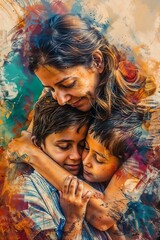 Digital painting of a woman hugging her child,  mothers day