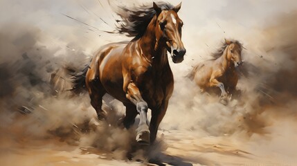 Hooves pound rhythmically against the dirt as a lone Thoroughbred breaks away from the pack, its determination evident in every stride. - obrazy, fototapety, plakaty