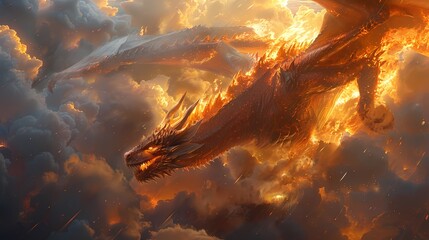 A majestic dragon gliding through a cloudy sky, its iridescent scales catching the sunlight as it dances gracefully - obrazy, fototapety, plakaty