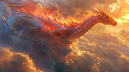A majestic dragon gliding through a cloudy sky, its iridescent scales catching the sunlight as it...