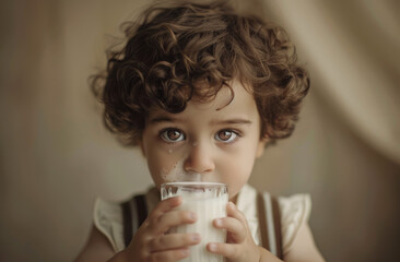 A cute child drinking milk from a glass, with curly hair and brown eyes in a closeup shot of the face.