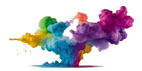 Vector colorful vibrant rainbow, smoke and cloud holi paint color powder explosion with bright colors isolated  on transparent background. Multicolored explosion of rainbow powder paint holi festival 