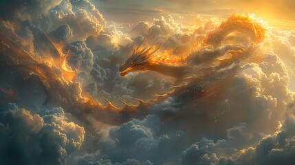 A majestic dragon soaring through a cloudy sky, its scales glistening in the sunlight as it twists...