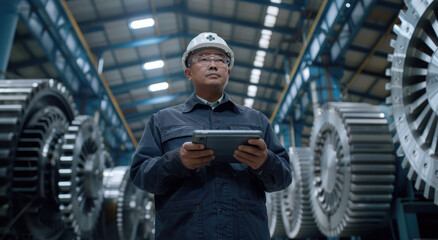 Fototapeta na wymiar A Chinese worker wearing glasses and a hard hat stands in the factory, holding an iPad with one hand while looking at it. He is dressed in a gray jacket