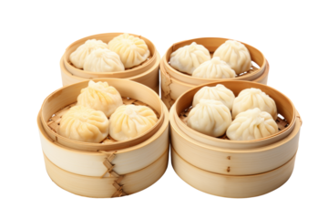 Various types of dim sum, har gow, dumplings, steamed buns in wooden baskets. isolated on a transparent background.