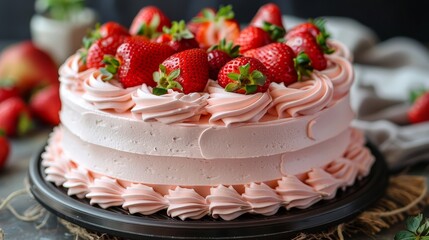   A tight shot of a cake on a plate, adorned with strawberries atop and a layer beneath