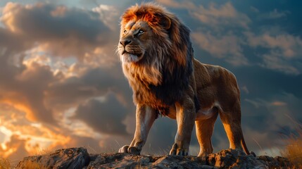 A majestic lion with electric blue eyes standing proudly on a rocky outcrop, its mane flowing in the wind - obrazy, fototapety, plakaty