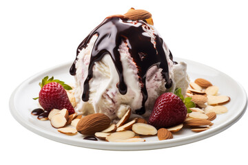 Vanilla, chocolate and strawberry ice cream Topped with chocolate sauce Sprinkle with almonds . isolated on a transparent background.