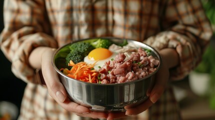 Woman holding a stainless steel dog bowl. Raw chicken feet and neck, carrots, broccoli, raw egg...