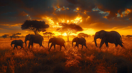   A herd of elephants traverses a dry grassland, beneath a cloud-studded sky, as the sun sets - obrazy, fototapety, plakaty