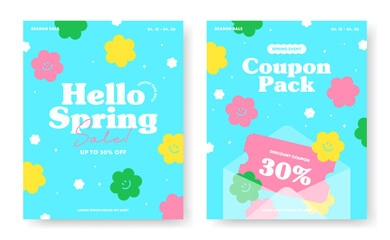 Spring sale coupon background. Discount promotion template for social media, cute banners design, web ads. Beautiful flower poster. Trendy retro cartoon style. Good vibes. Flat vector illustration.