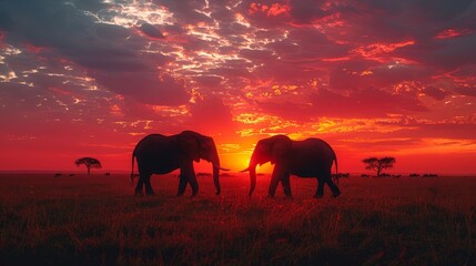   A few elephants atop a verdant field, beneath a red-blue sky, with sun distant