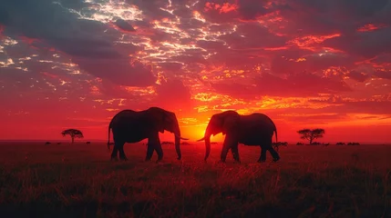 Foto op Aluminium   A few elephants atop a verdant field, beneath a red-blue sky, with sun distant © Liel