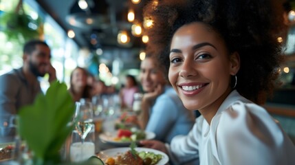 Close up of entrepreneur having business lunch with her coworkers in restaurant