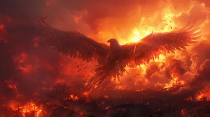 Fotobehang A mechanical phoenix rising from the ashes of a devastated landscape, its wings spread wide as it takes flight into the crimson sky ©  ALLAH LOVE