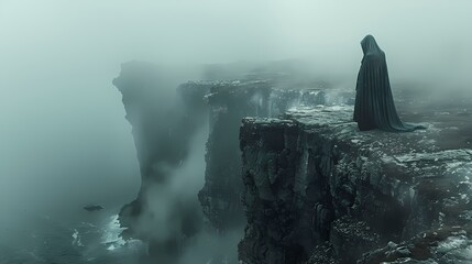 A mysterious cloaked figure standing on the edge of a cliff, overlooking a vast and rugged landscape shrouded in mist - obrazy, fototapety, plakaty