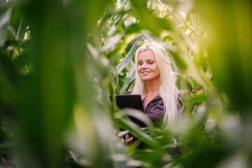 Valmiera, Latvia - August 17, 2024 - A woman with blonde hair is smiling and looking at a laptop...