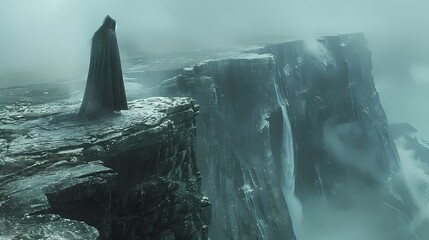 A mysterious cloaked figure standing on the edge of a cliff, overlooking a vast and rugged...
