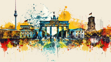 Colorful digital artwork overlay featuring the iconic Brandenburg Gate, the TV Tower (Alex) and other sights of Berlin, Germany