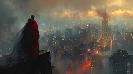 A mysterious masked vigilante perched atop a skyscraper, overlooking the bustling city below, cloak billowing in the breeze as they survey their domain
