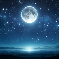 The full moon shines brilliantly, casting its glow on the night sky peppered with countless stars, over a distant horizon.