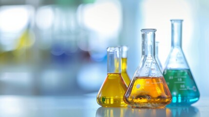 Table Laden With Colorful Liquid-Filled Flasks