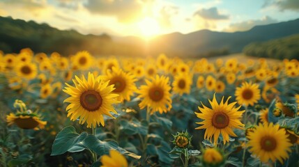 Obraz premium Sunflowers in Field at Sunset